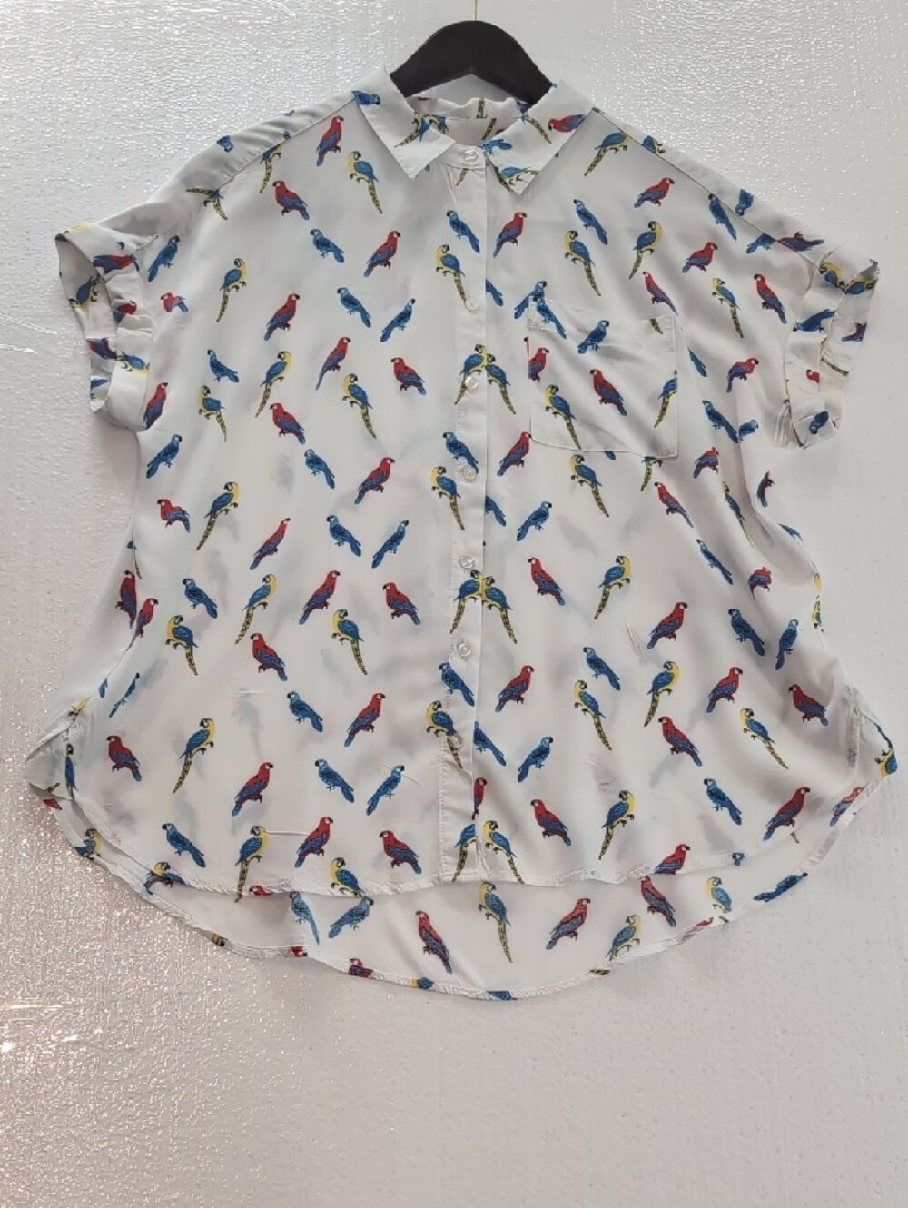 Jane and Delancey White Button-Down Shirt with Red, Blue & Yellow Parrot Print